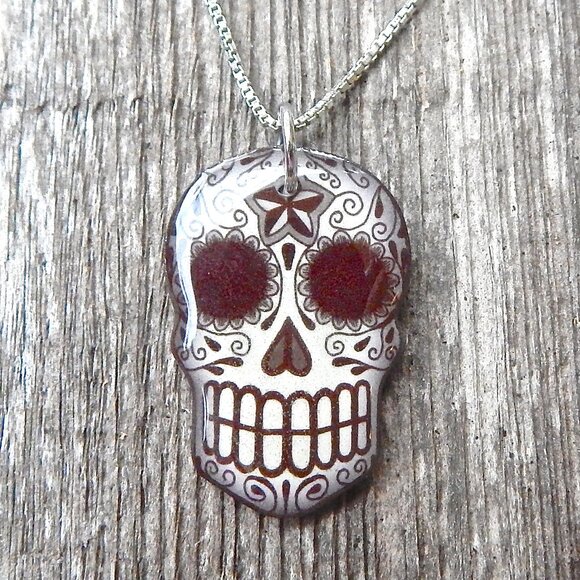 SUGAR SKULL Pendant - Silver Box Chain Necklace - Handmade - Picture 1 of 1